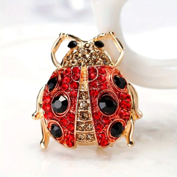 Super Cute Vintage Style Red And Black Faceted Rhinestone • Ladybug Brooch - Picture 1 of 4